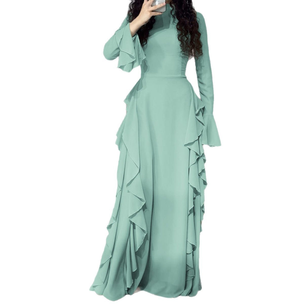 Women's Elegant Bell Sleeve Dress - Ruffle High Waist Gown
