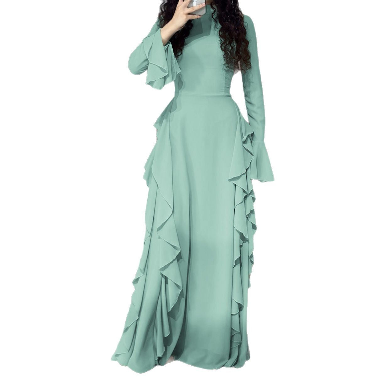 Women's Elegant Bell Sleeve Dress - Ruffle High Waist Gown