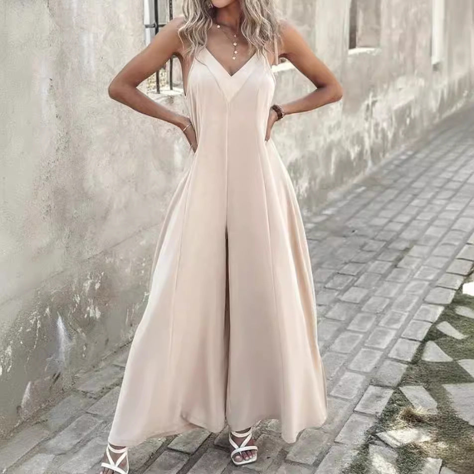 Elegant Women's V Neck Suspenders Loose Fit Wide Leg Jumpsuit for Casual Chic Style