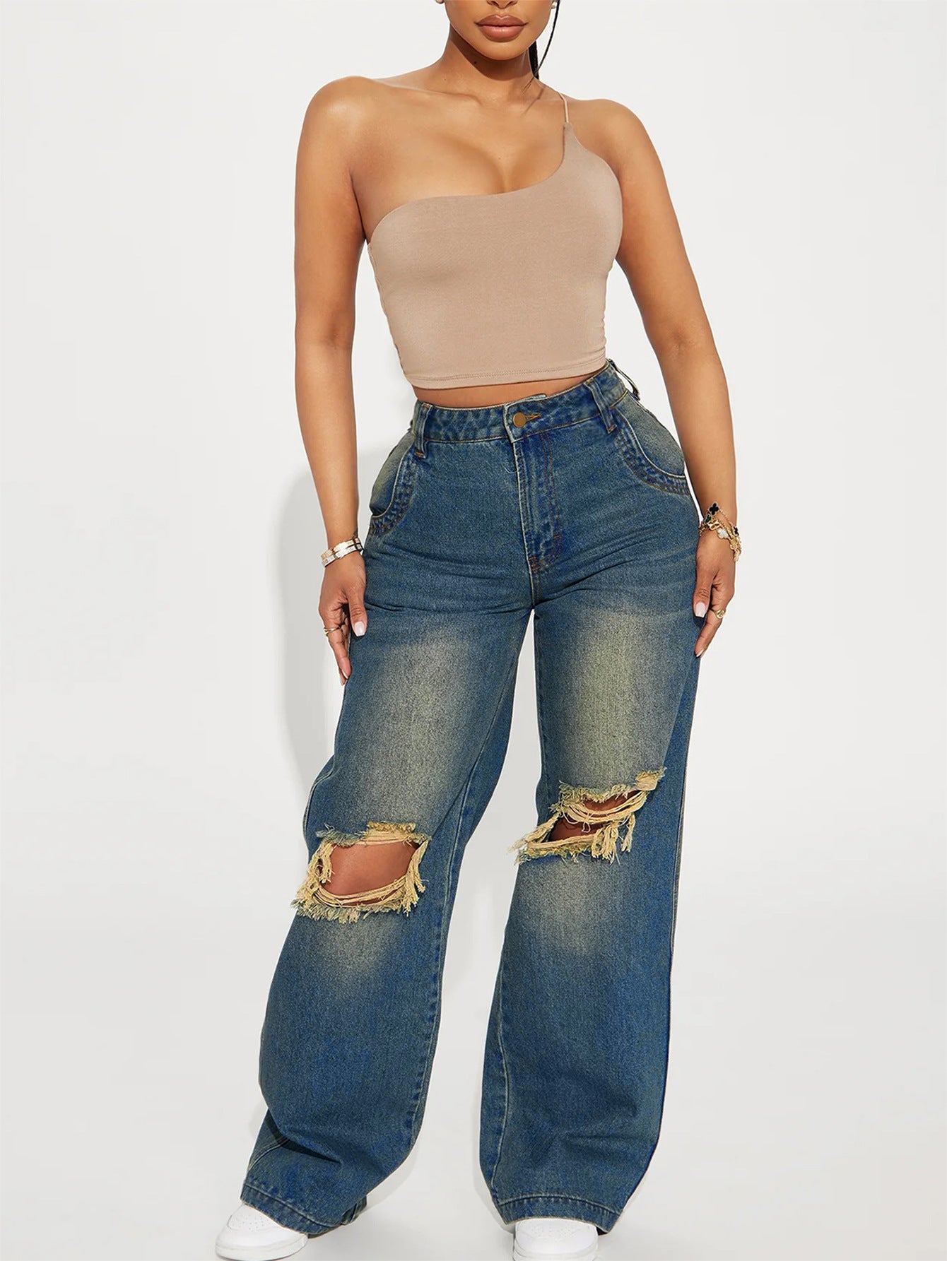 Women's Retro Washed Ripped Wide Leg Jeans