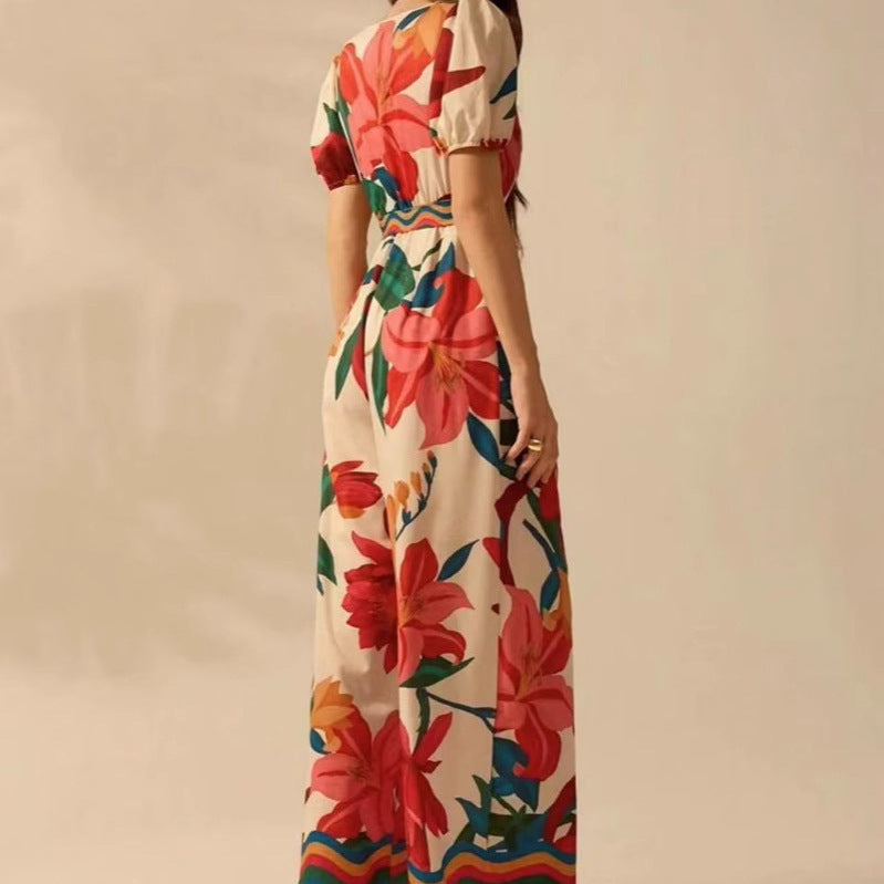 Stylish Women's Floral Deep V Neck Wide Leg Jumpsuit with Waist Tie