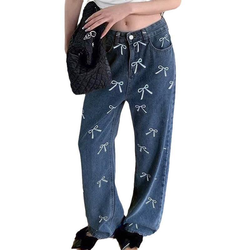 Cute Bow Print Baggy Jeans - Trendy Denim Chic