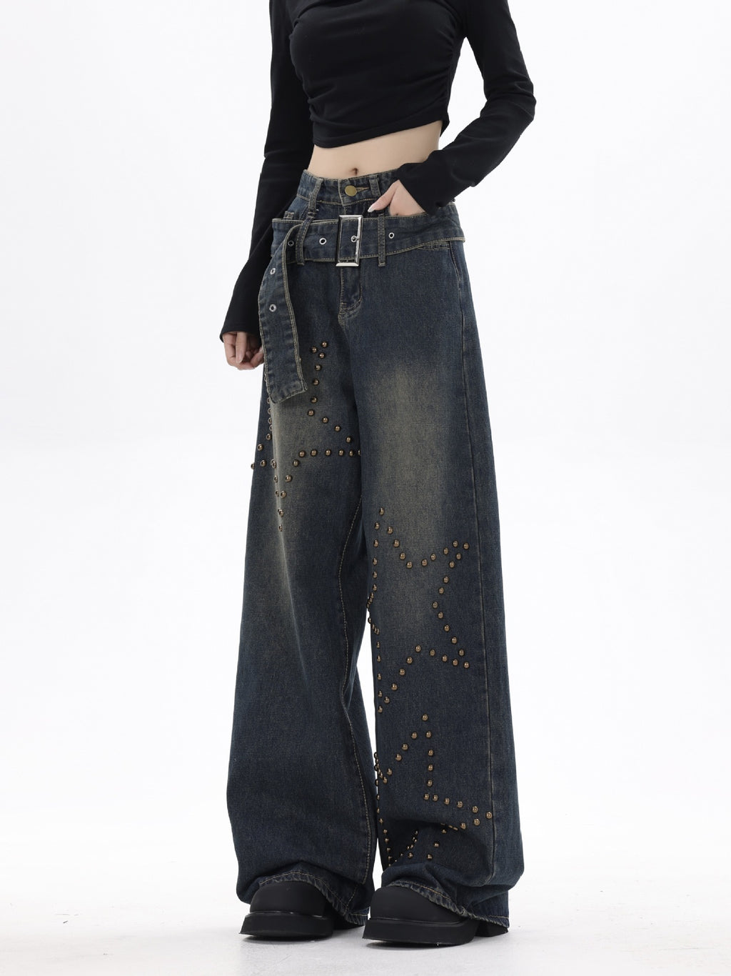 Retro Washed Studded Straight-Leg Baggy Denim Jeans