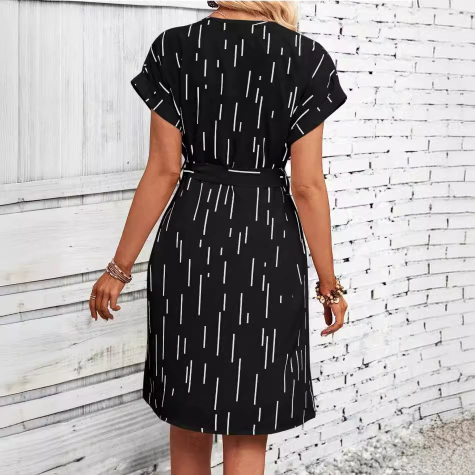 Women's Slotted Neckline Batwing Sleeve Printed Belted A-Line Dress