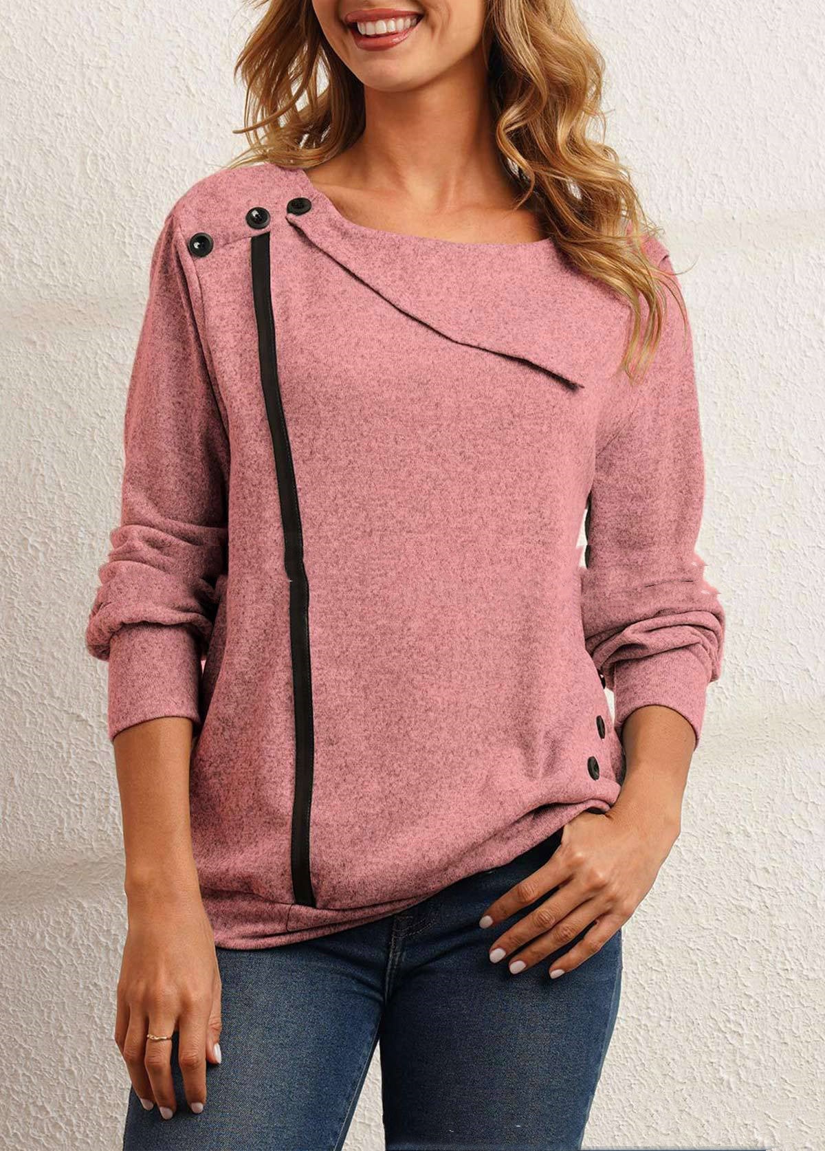 Chic Asymmetric Design Long Sleeve Casual Blouse with Button Details