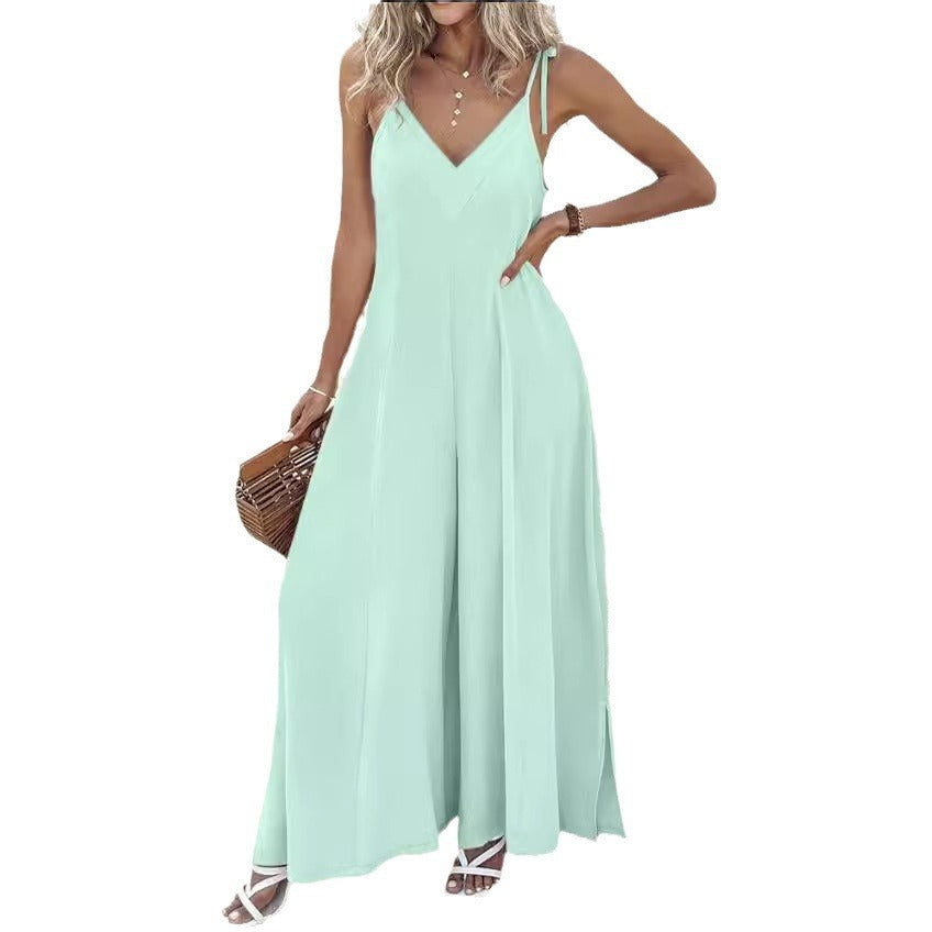 Elegant Women's V Neck Suspenders Loose Fit Wide Leg Jumpsuit for Casual Chic Style