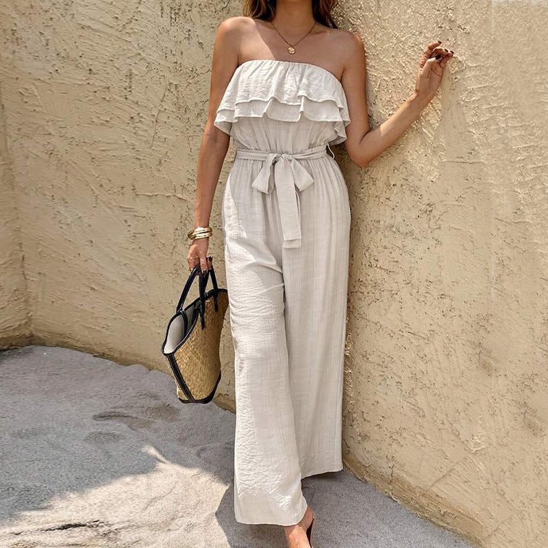 Effortless Ruffled Tube Top Jumpsuit with Tie Waist Wide Leg Design for Summer