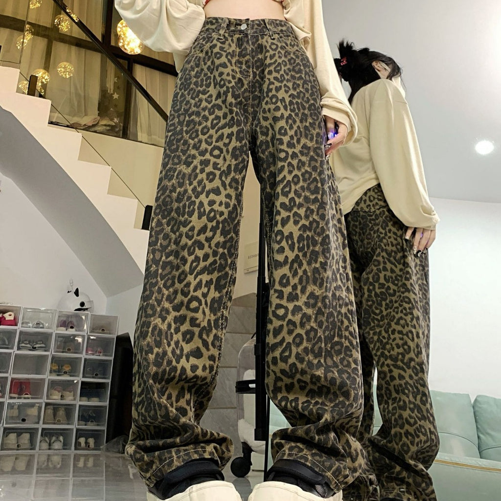 Trendy Leopard Print High-Waist Wide-Leg Denim Trousers