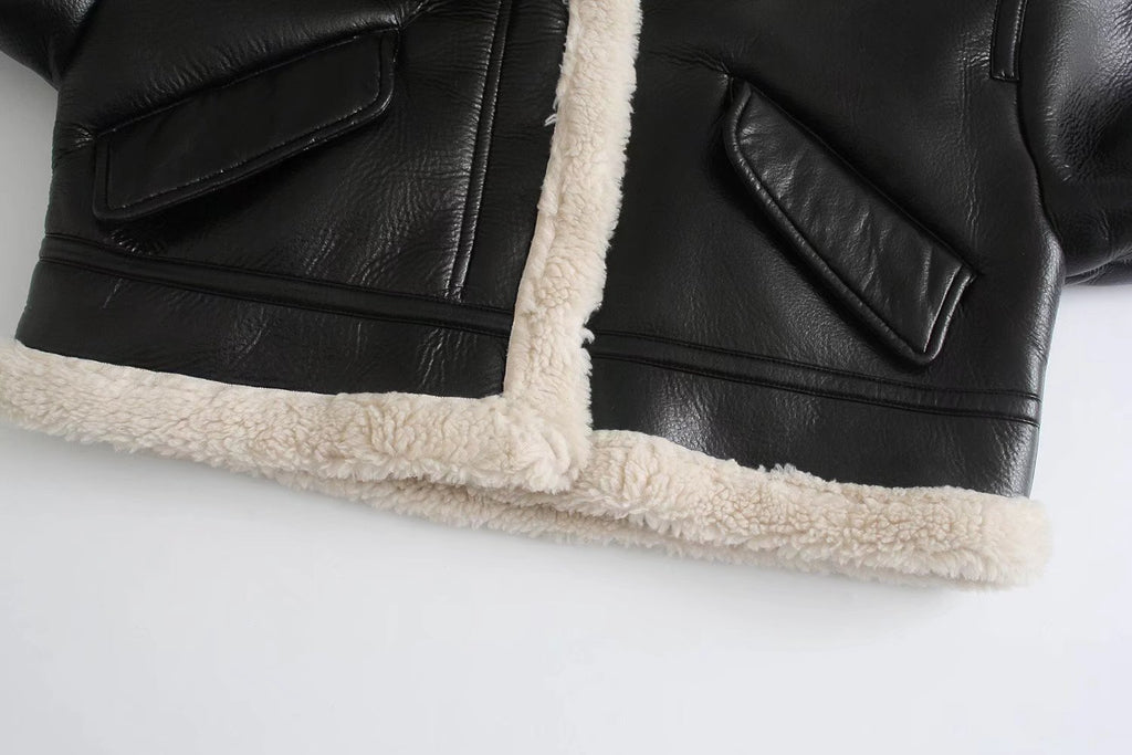 Chic Faux Leather Cropped Shearling Biker Jacket