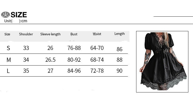 Elegant Black Lace Trim Puff Sleeve A Line Mini Dress with High Waist