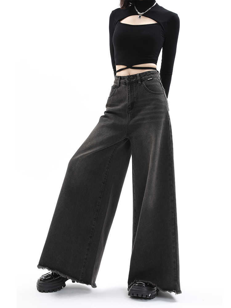 Women's High Waist Wide Leg Jeans - Retro Raw Hem Style