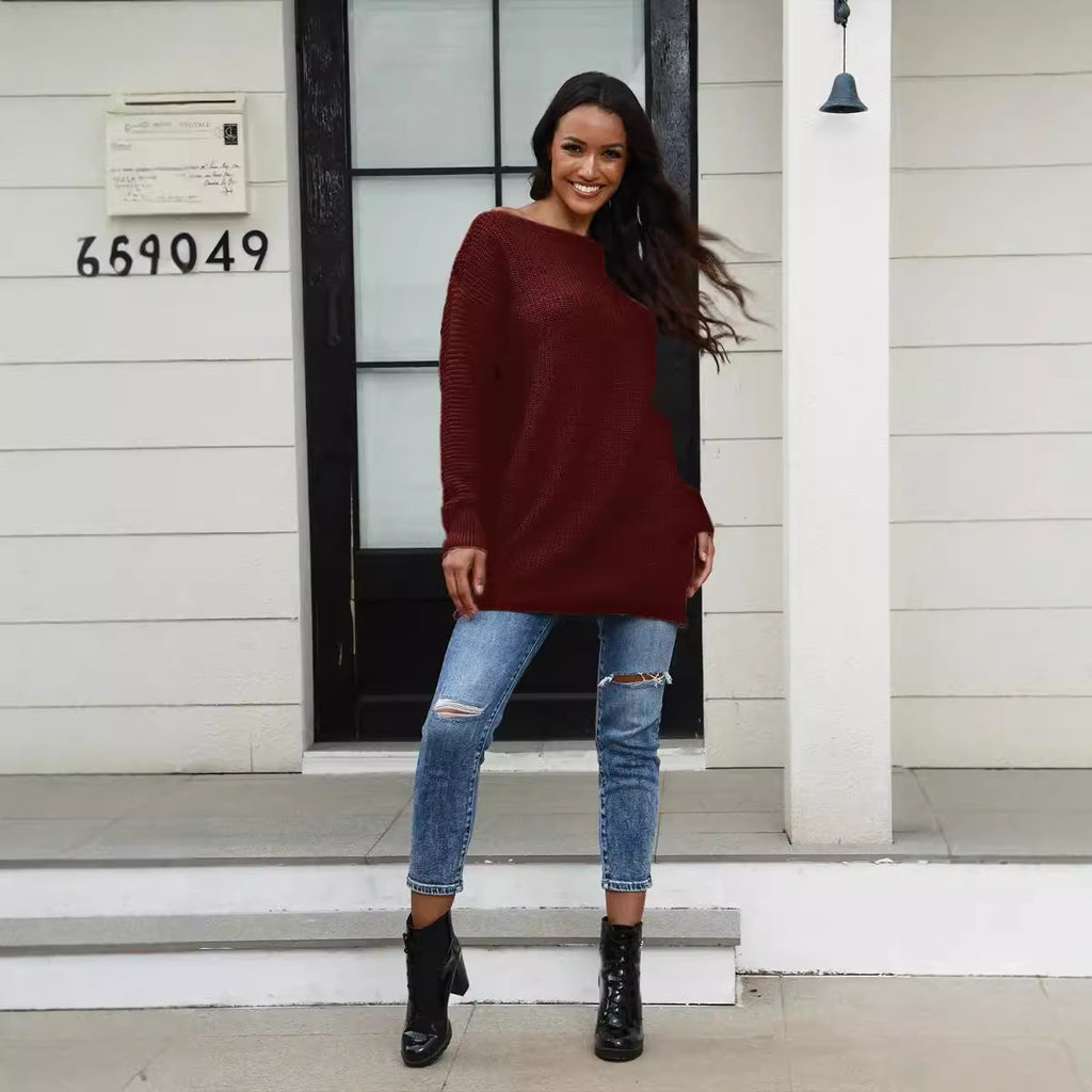Effortless Off Neck Loose Knit Pullover Sweater Tunic