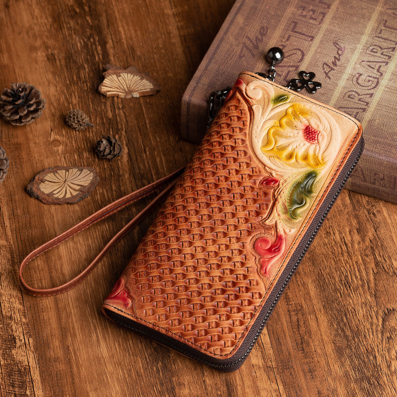 Artisan Crafted Floral Embossed Top Layer Leather Clutch Wallet with Wrist Strap