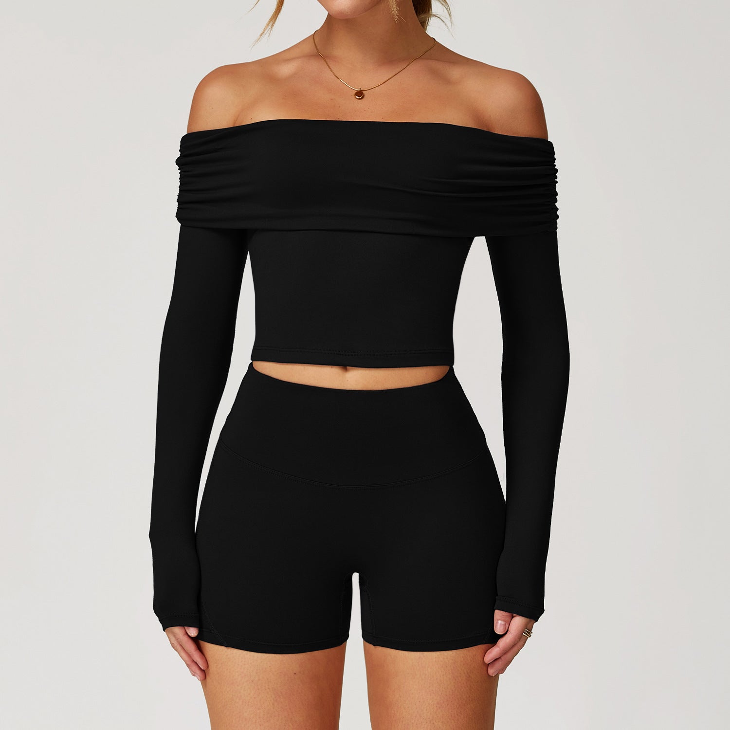 Effortless Off Shoulder Long Sleeve Crop Top and High Waist Shorts Set