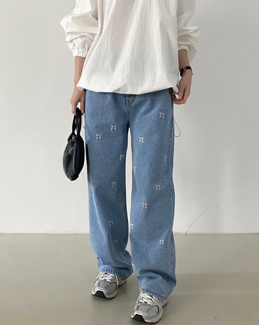 High Waist Bow Embroidered Wide Leg Jeans