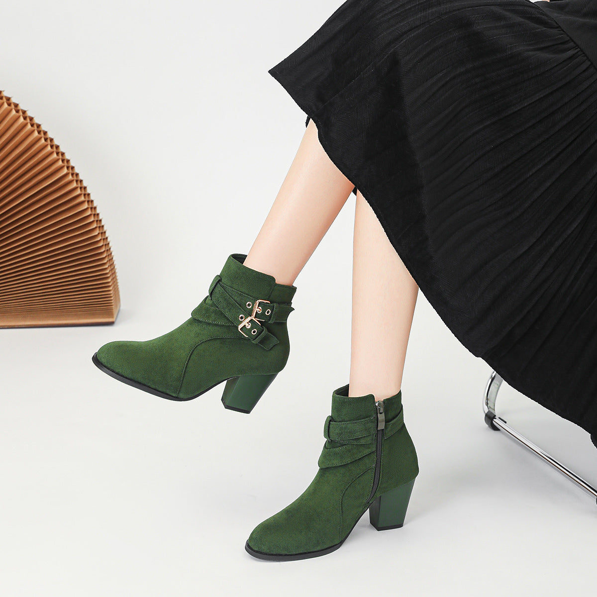 Adalyn Suede Buckle Block Heel Boots