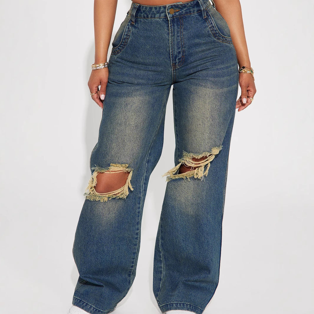 Women's Retro Washed Ripped Wide Leg Jeans
