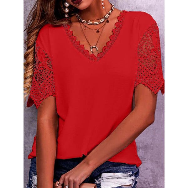Elegant Lace V-Neck Blouse for Women - Casual Short Sleeve Summer Top