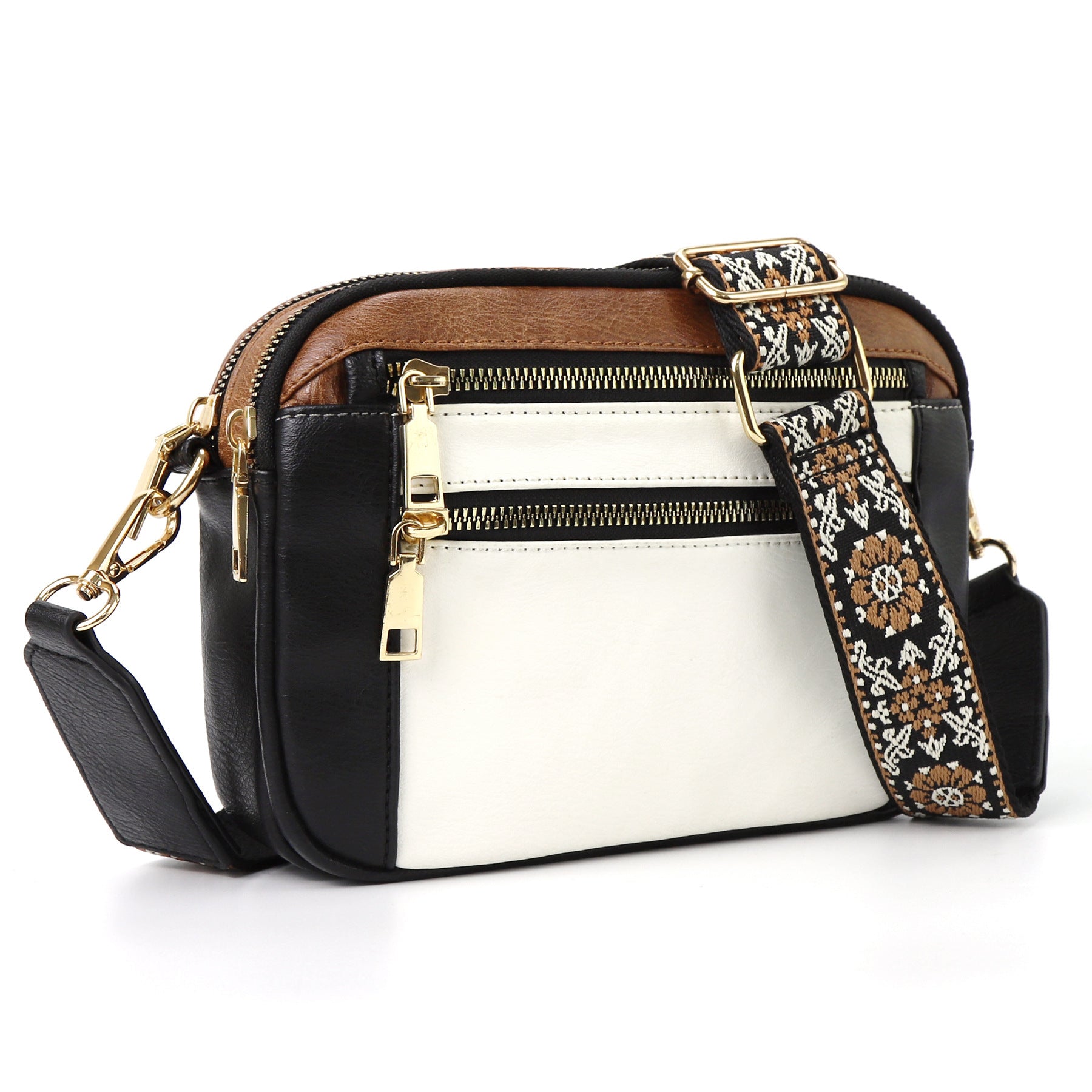 Chic Triple-Zipper Crossbody Bag with Floral Strap - Multi-functional