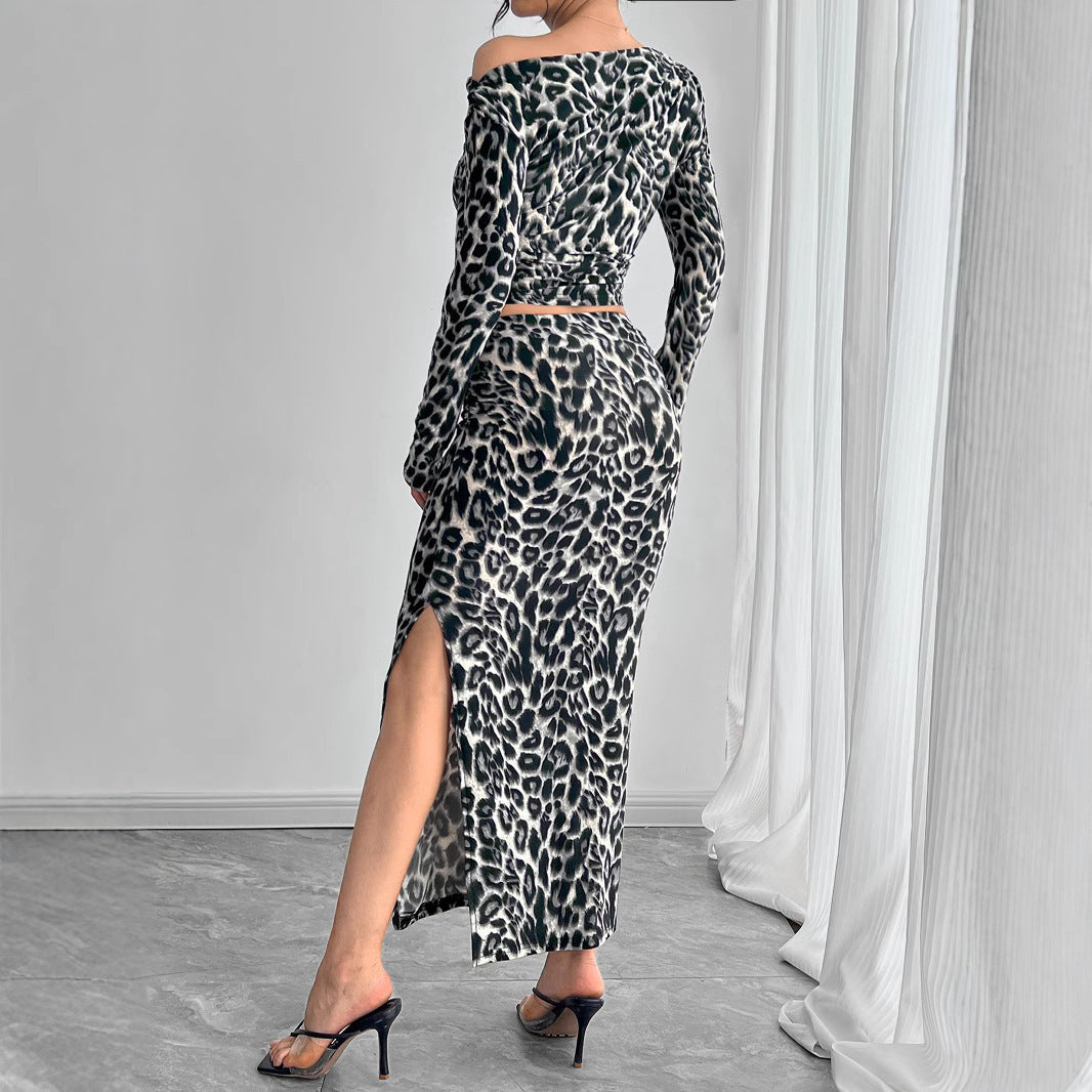 Stylish Leopard Print Off Shoulder Long Sleeve Crop Top and Slit Maxi Skirt Two Piece Set