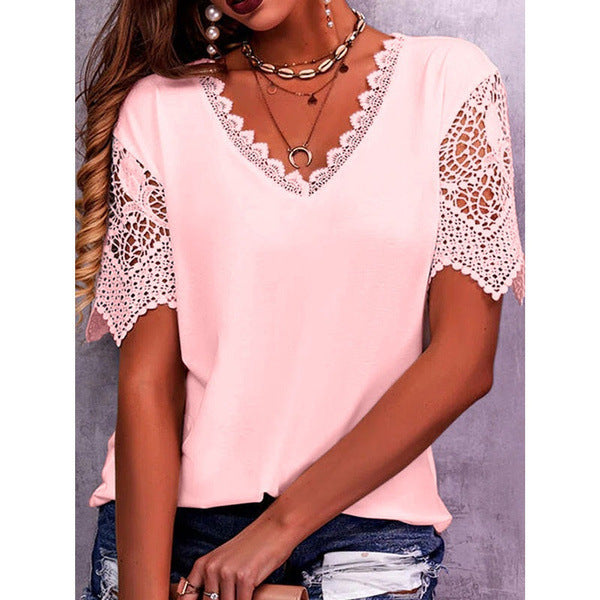 Elegant Lace V-Neck Blouse for Women - Casual Short Sleeve Summer Top