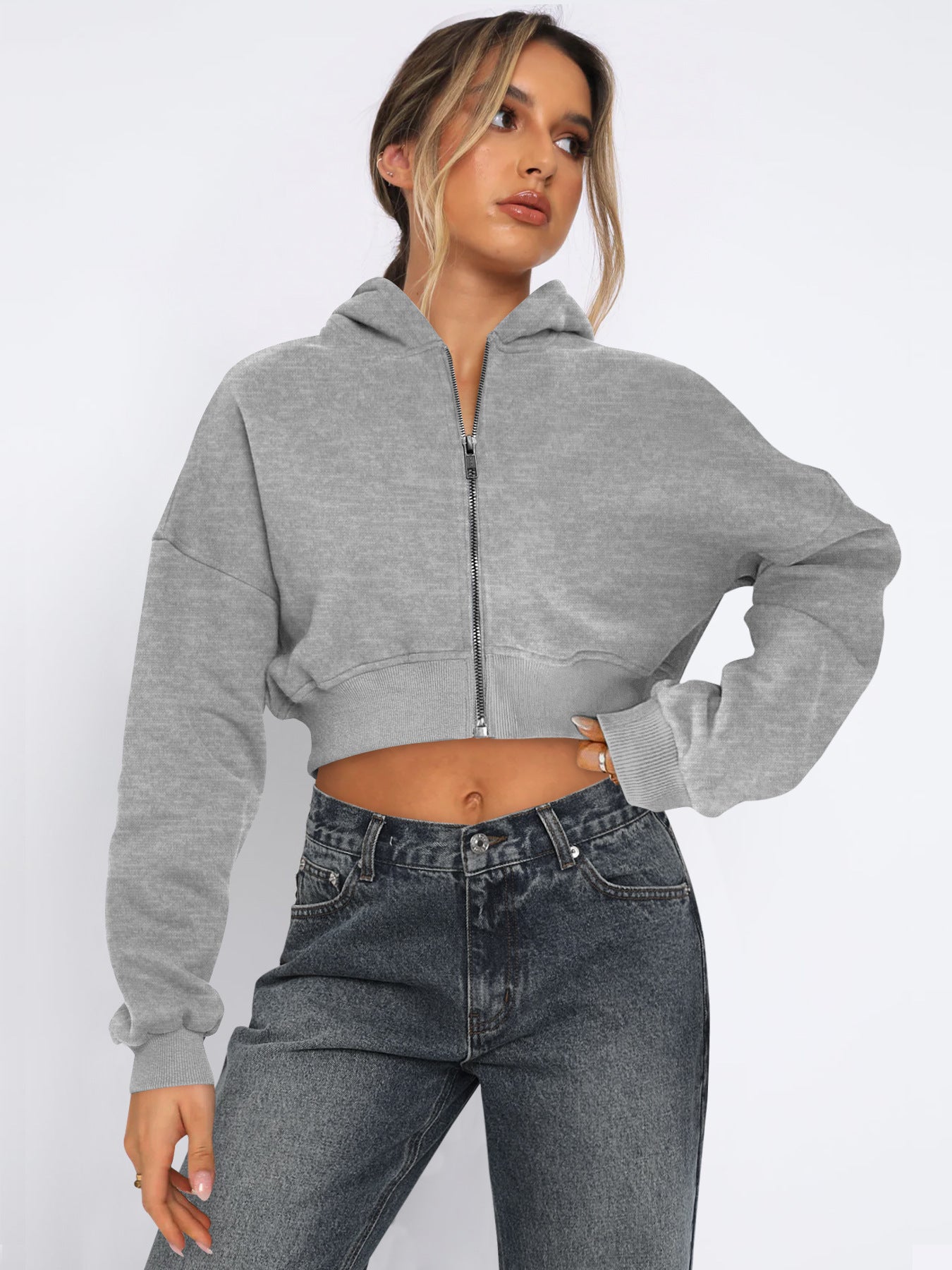 Cozy Fleece Cropped Zip Up Hoodie for Everyday Comfort