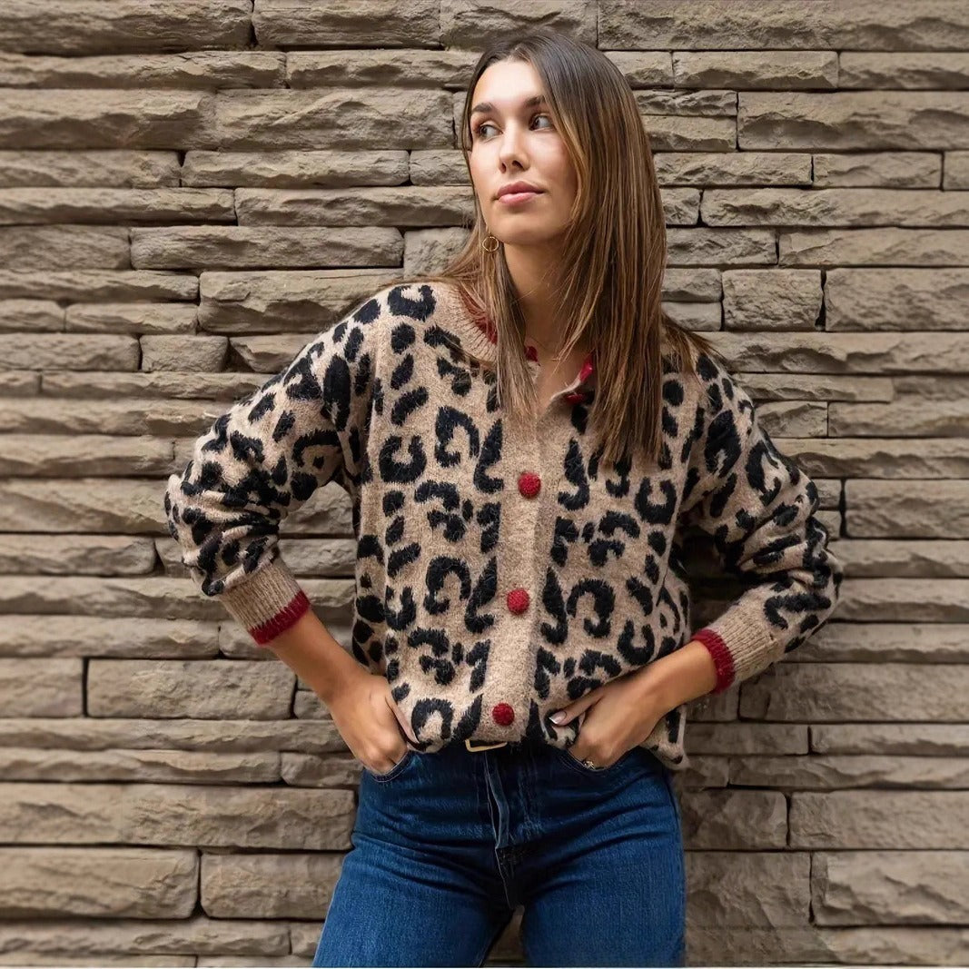 Stylish Leopard Print Button-Front Cardigan Sweater with Red Contrast Trim