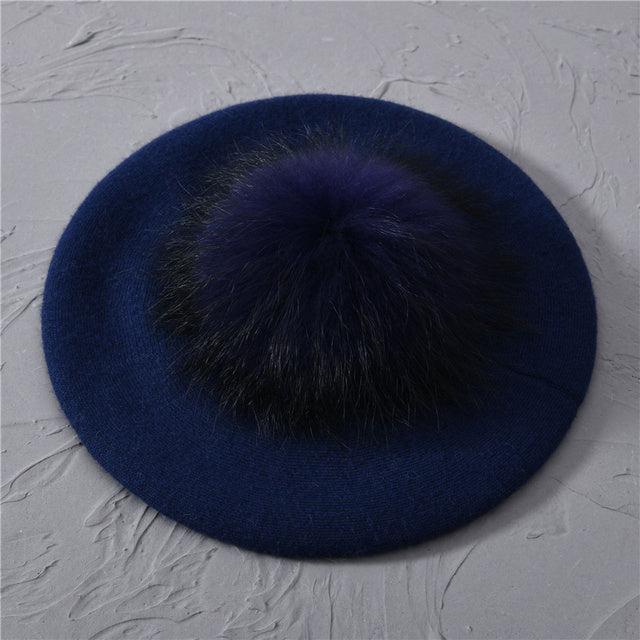 Women's Wool Beret with Real Raccoon Fur Pom Pom