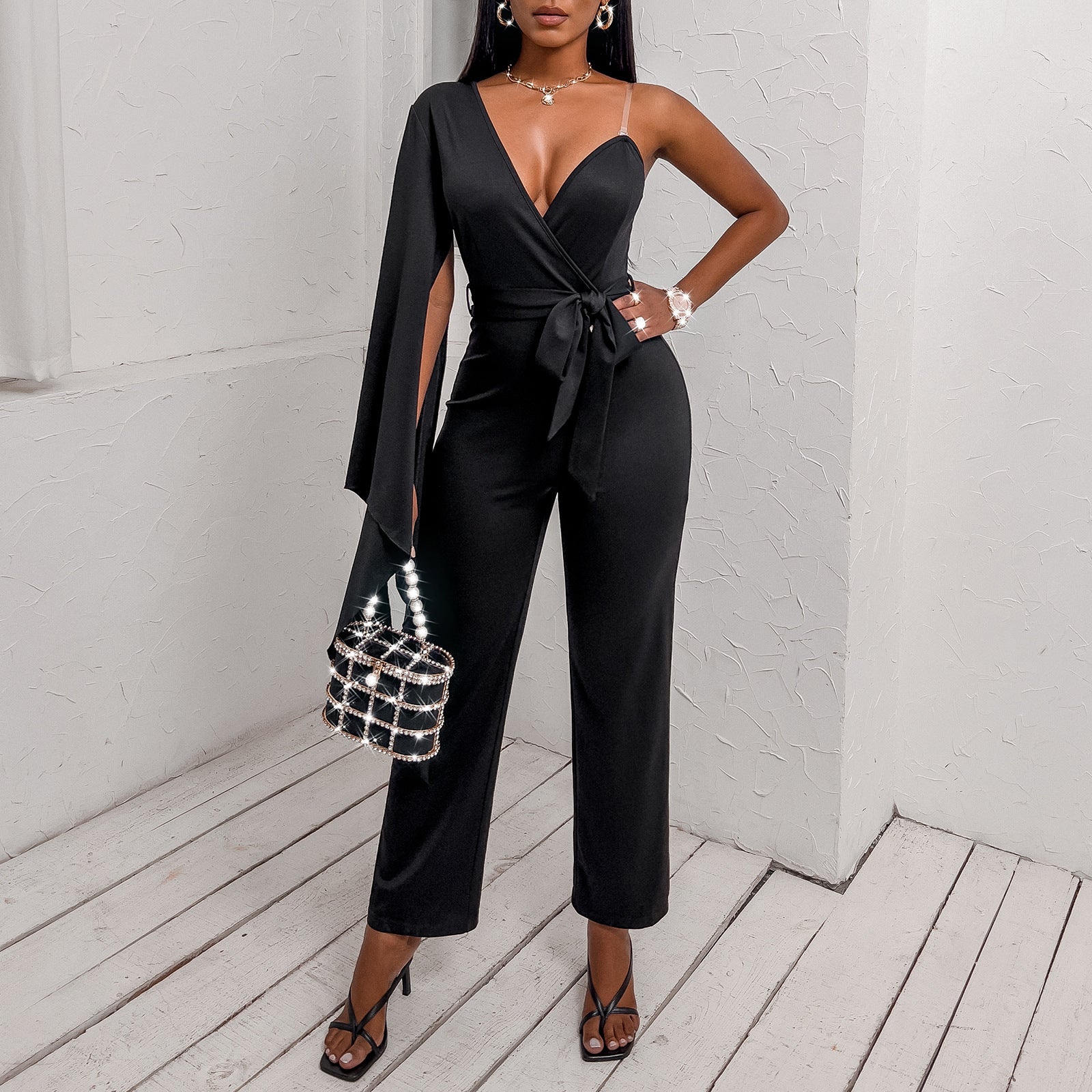Elegant One Shoulder V Neck Jumpsuit with Flattering Waist Tie for Women