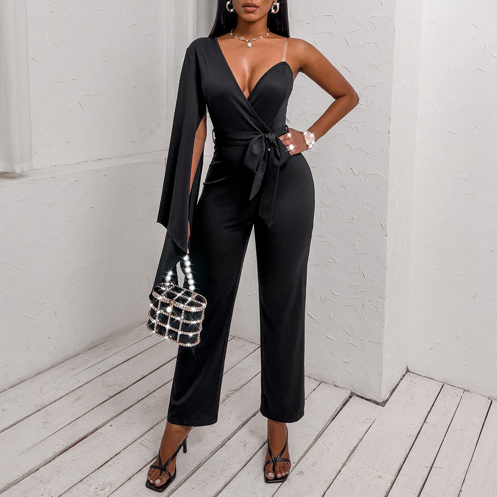 Elegant One Shoulder V Neck Jumpsuit with Flattering Waist Tie for Women
