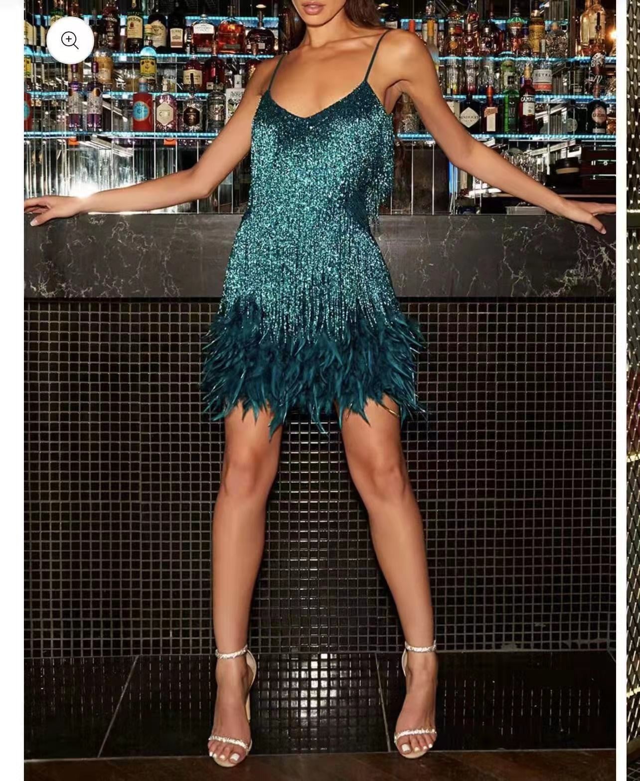 Glamorous Sequin Feather Mini Party Dress - V-Neck Spaghetti Strap
