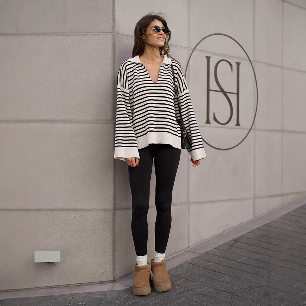 Classic Striped Loose Fit Knit Pullover Sweater with Collar