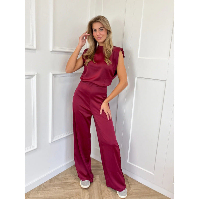 Elegant Satin Look Wide Leg Jumpsuit with Padded Shoulders and Chic Mock Neck Design