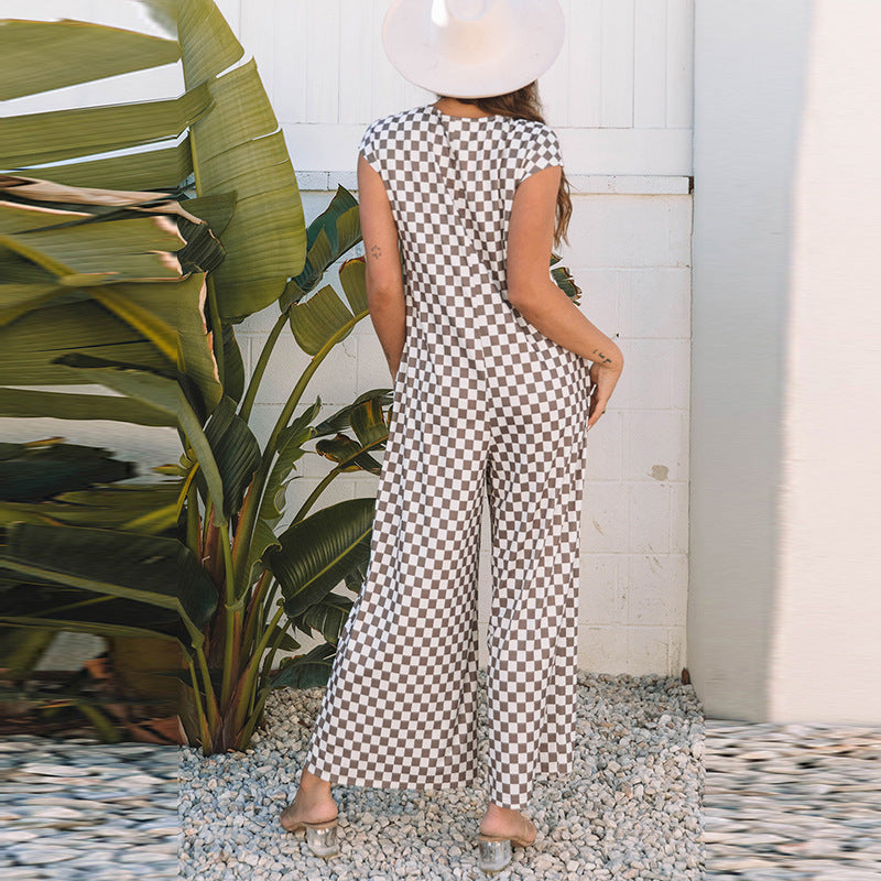 Loose Wide Leg Checkered Jumpsuit - Casual & Trendy