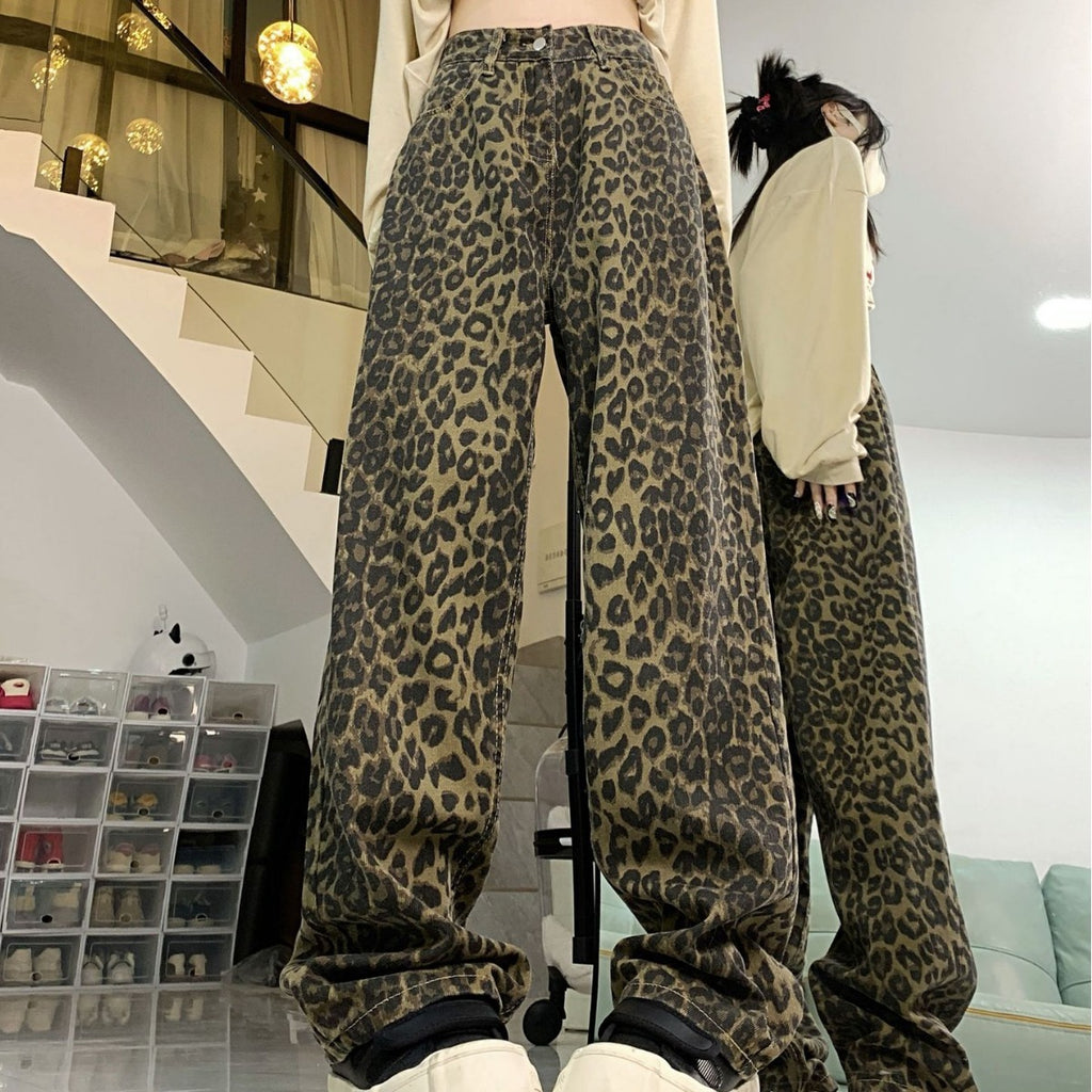 Trendy Leopard Print High-Waist Wide-Leg Denim Trousers