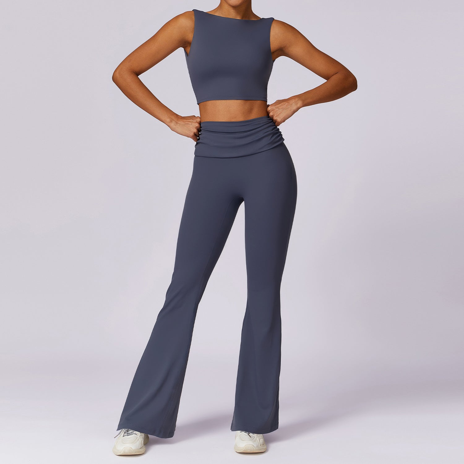 Soft Stretchy Activewear Sleeveless Crop Top and High Waist Flare Leggings Set