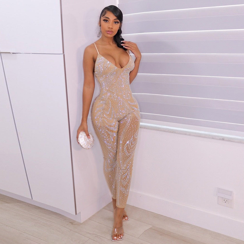 Sparkling Mesh Rhinestone Sleeveless Jumpsuit - Ariana Vogue
