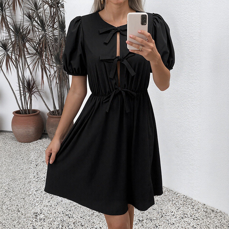 Retro Bow Cutout Puff Sleeve Mini Dress
