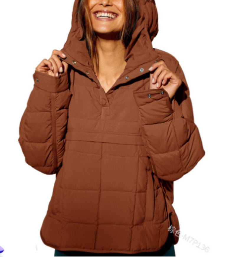 Relaxed Fit Quilted Hooded Long Sleeve Pullover Snap Button Top