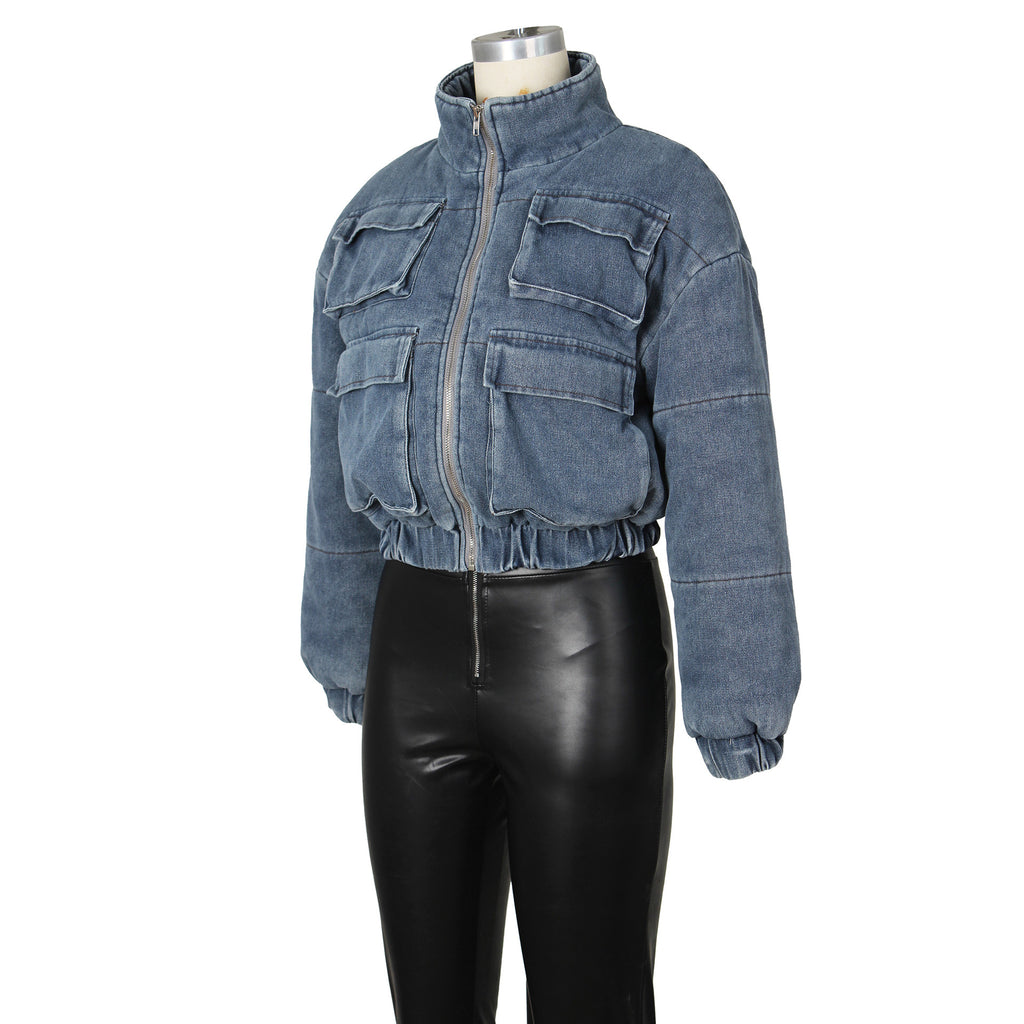 Urban Chic Padded Denim Bomber Jacket with Utility Pockets