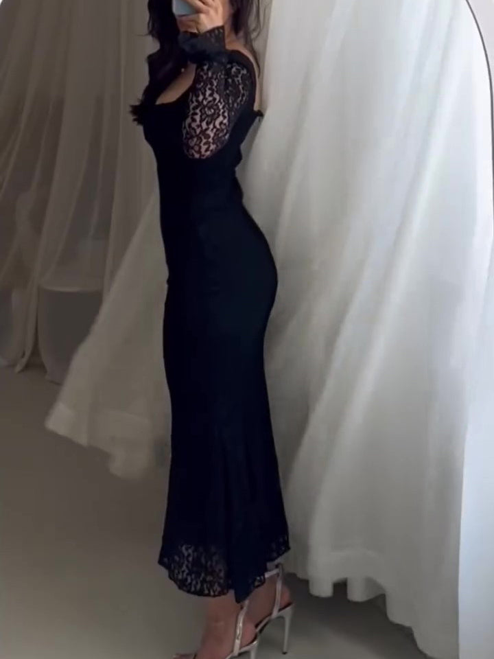 Women's Lace Bodycon Maxi Dress - Square Neck Party Gown