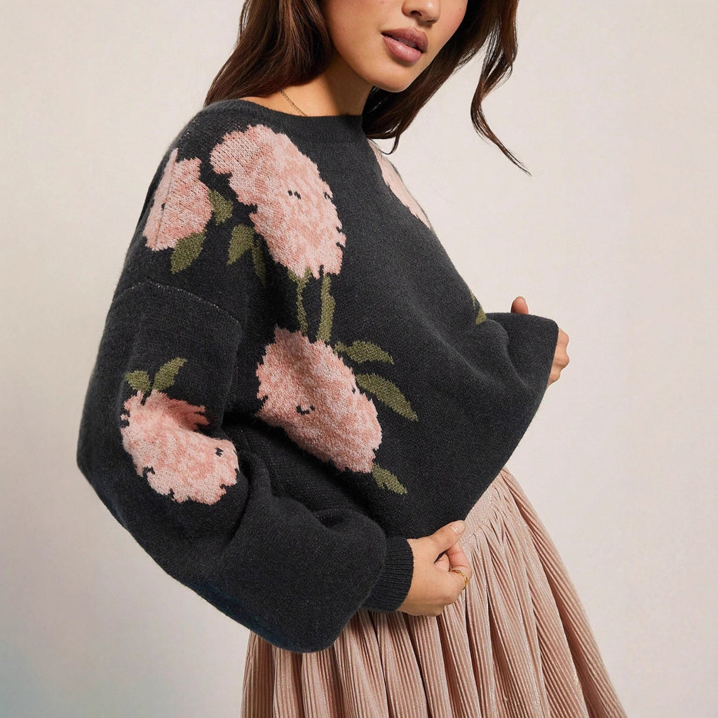 Loose Off Shoulder Floral Jacquard Pullover Sweater for Everyday Comfort