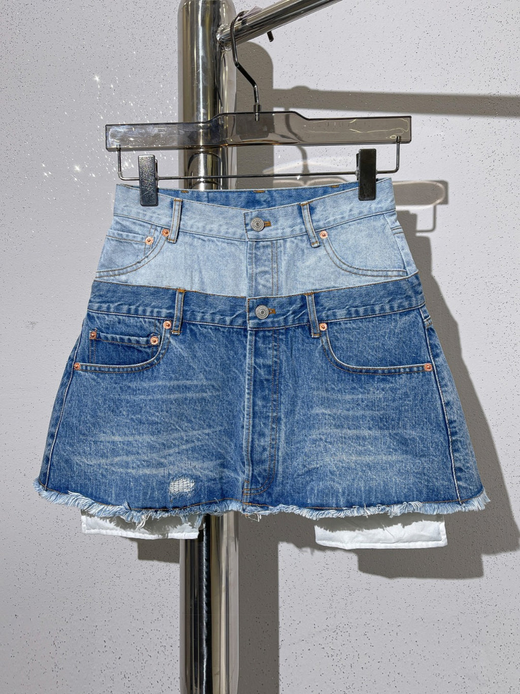 Fashionable Two Tone Denim Spliced Mini Skirt with Raw Hem