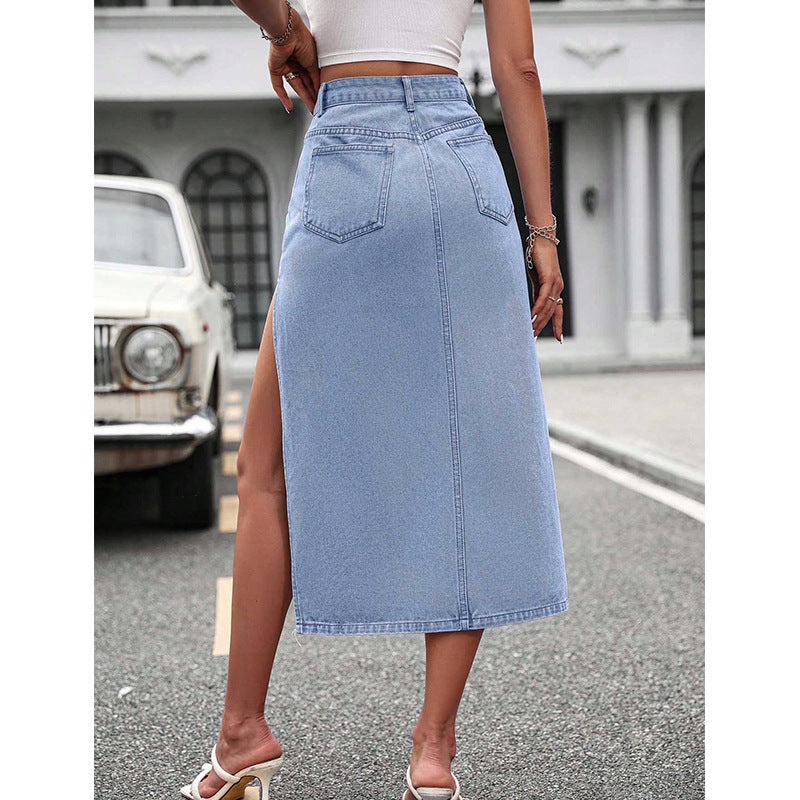 Fashionable High Waist Split Hem Denim Midi Skirt with Pockets