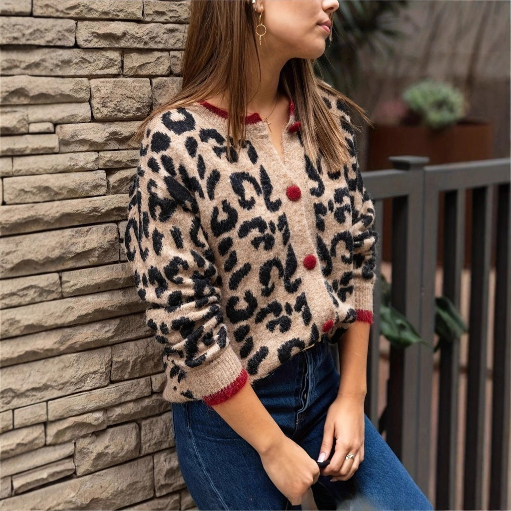 Stylish Leopard Print Button-Front Cardigan Sweater with Red Contrast Trim