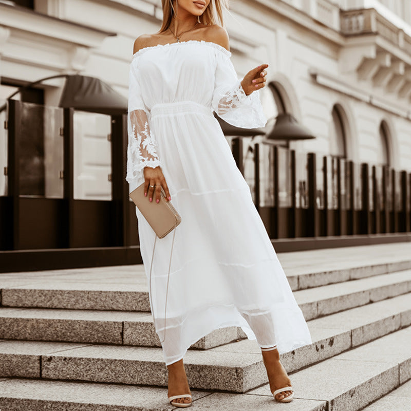 Fashionable Off Shoulder Ruffle Sleeve A Line Flowy Maxi Dress for Women