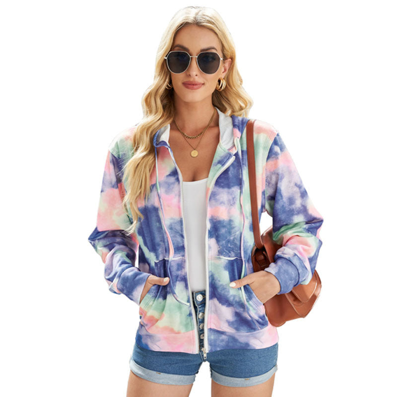 Vibrant Tie-Dye Hooded Zip-Up Top with Front Pockets