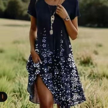 Elegant Floral Print Short Sleeve Midi Dress with A-Line Silhouette