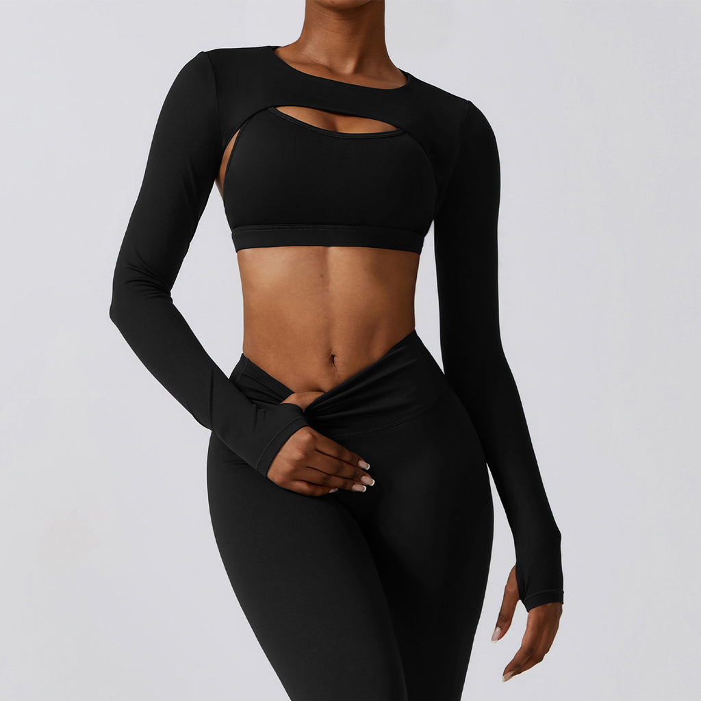 Women's Comfortable Long Sleeve Cutout Crop Top and High Waist Yoga Leggings Two Piece Workout Set