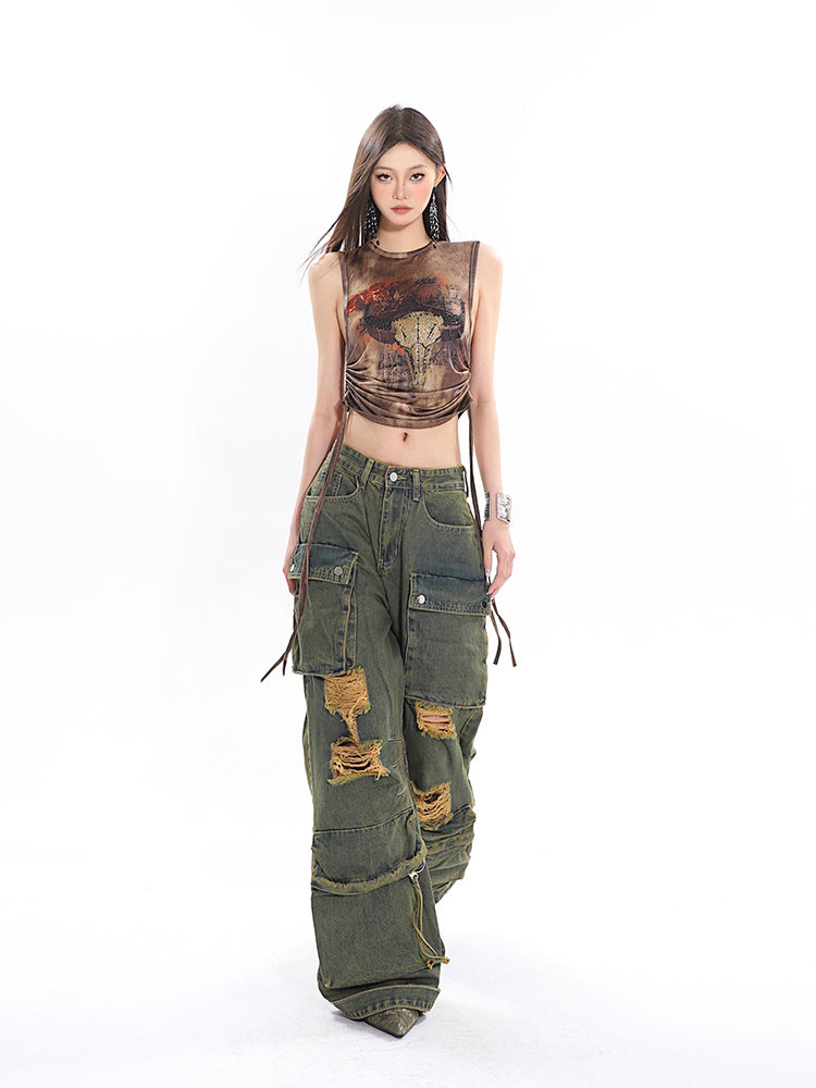 Trendy Distressed Baggy Cargo Jeans - Vintage Green